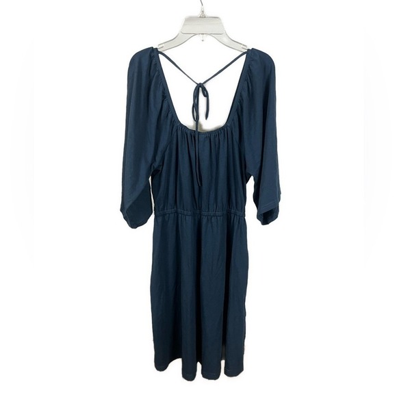 Pact Women's Puff Sleeve Blue Organic Cotton A-Line Tie Back Dress- Size Medium - Picture 3 of 8